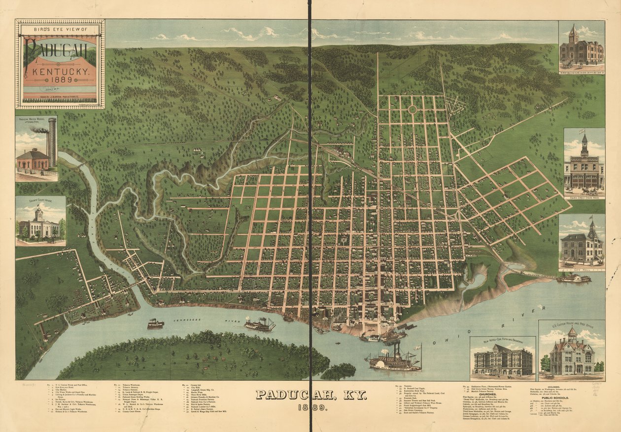 Vogelperspektive von Paducah, Kentucky 1889. von J. Blanton; Krebs Lithographing Company Postlethwaite