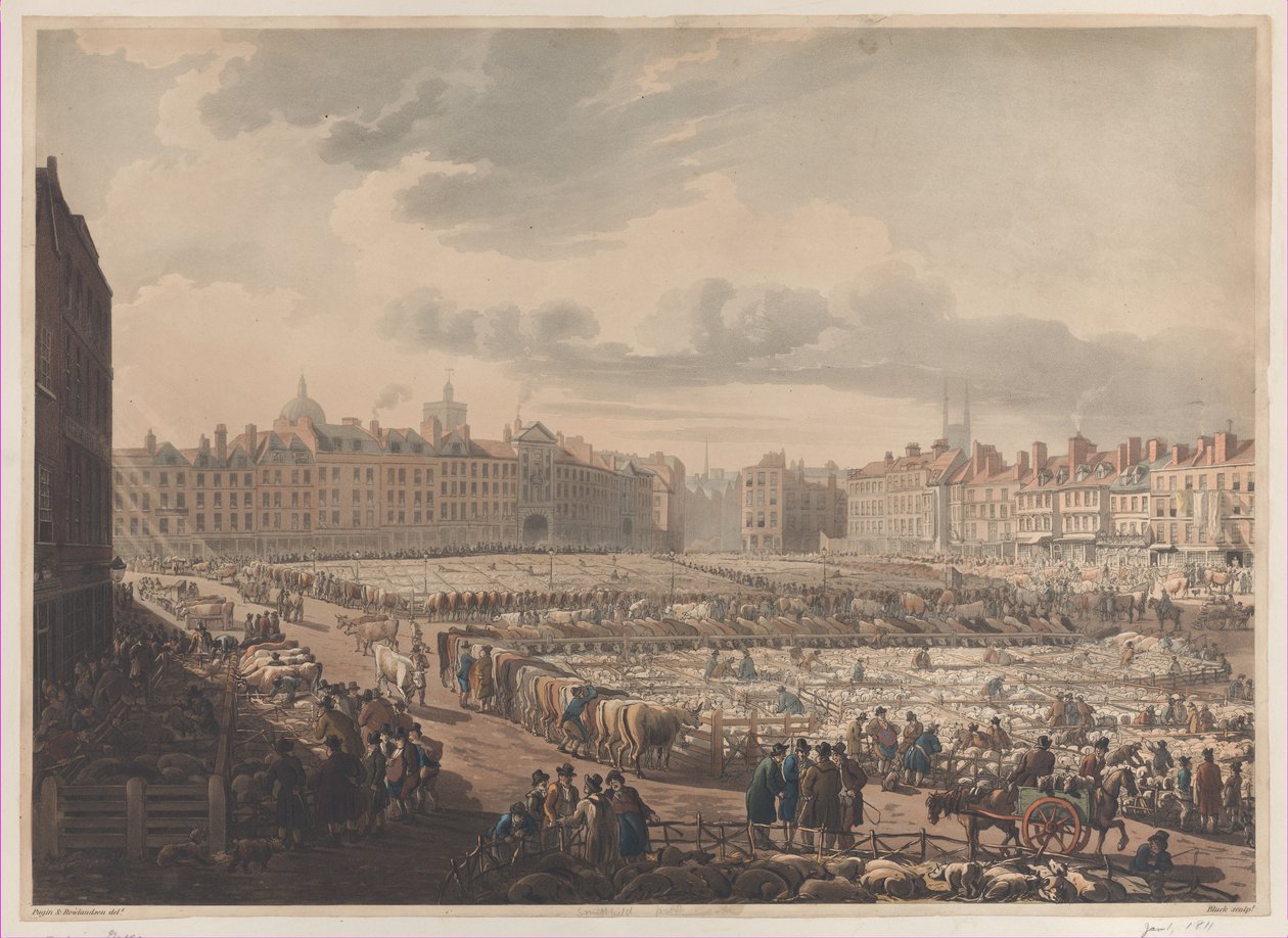 Vogelperspektive des Smithfield-Marktes, aufgenommen vom Bear & Ragged Staff, 1. Januar 1811 von J. Bluck