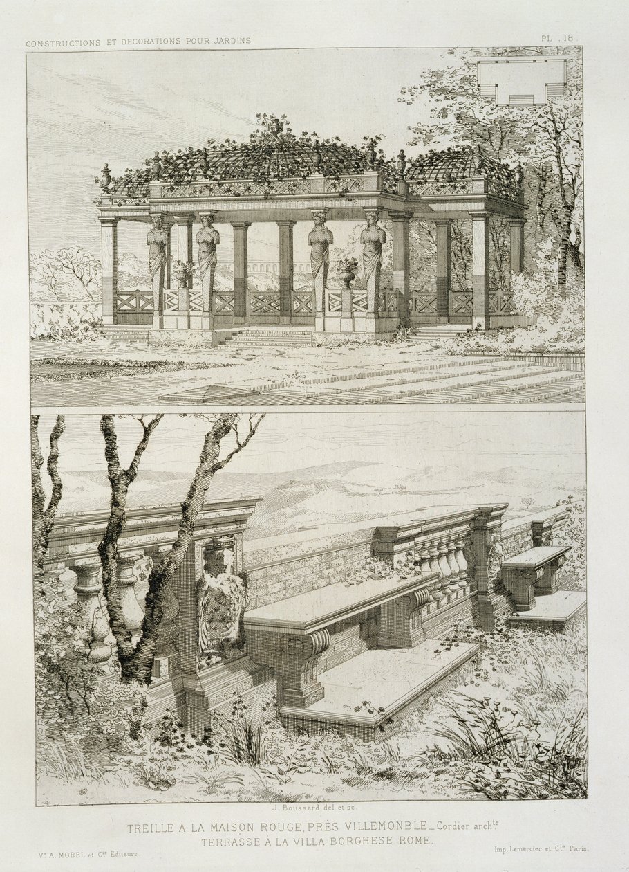 Pergola von La Maison Rouge bei Villemomble, entworfen von Cordier, und Terrasse der Villa Borghese, Rom, ca. 1880 von J. Boussard