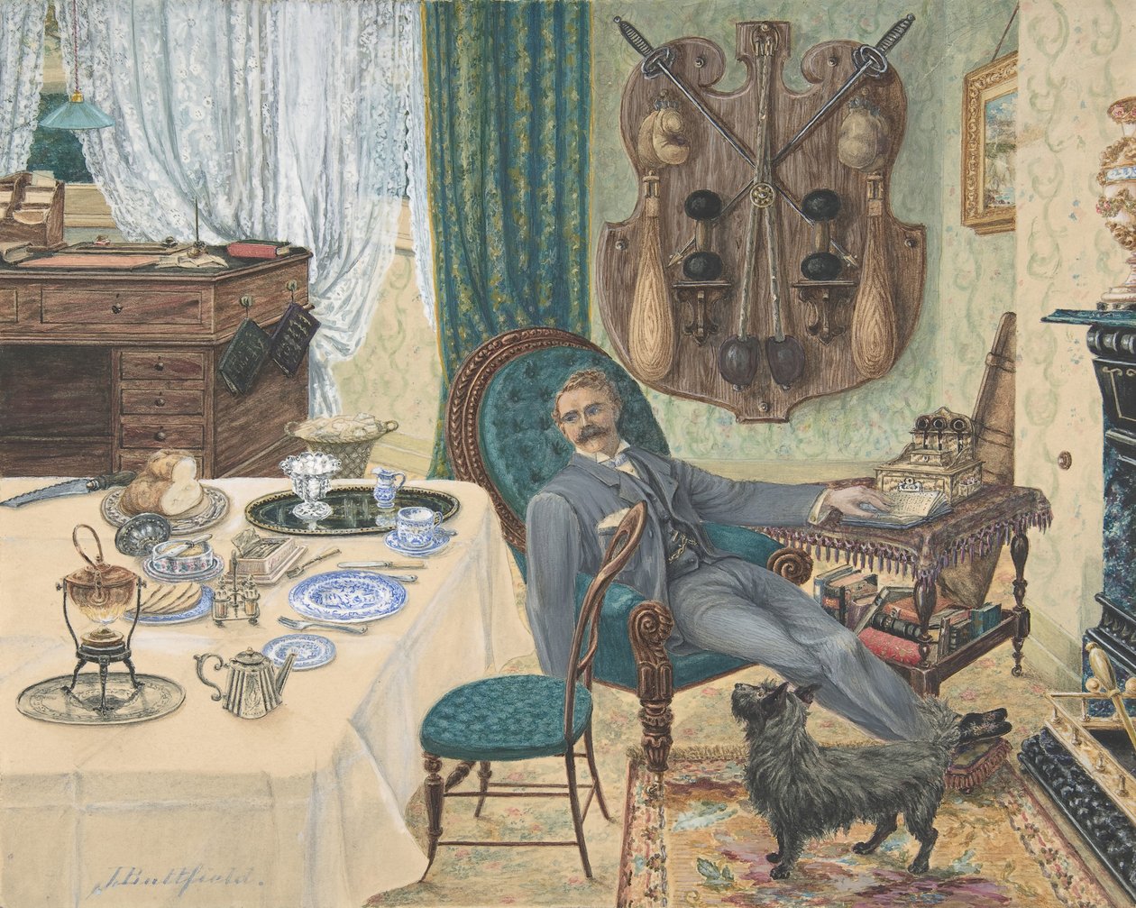 Ein Junggeselle in seinem Arbeitszimmer Das Frühstück des Sportlers von J Buttfield