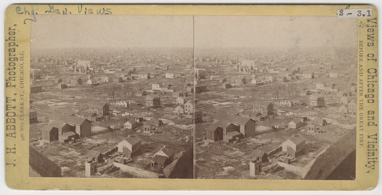 Stereofotografie des Blicks nach Nordwesten vom Wasserturm nach dem Brand von Chicago 1871, 1871 von J. H. Abbott