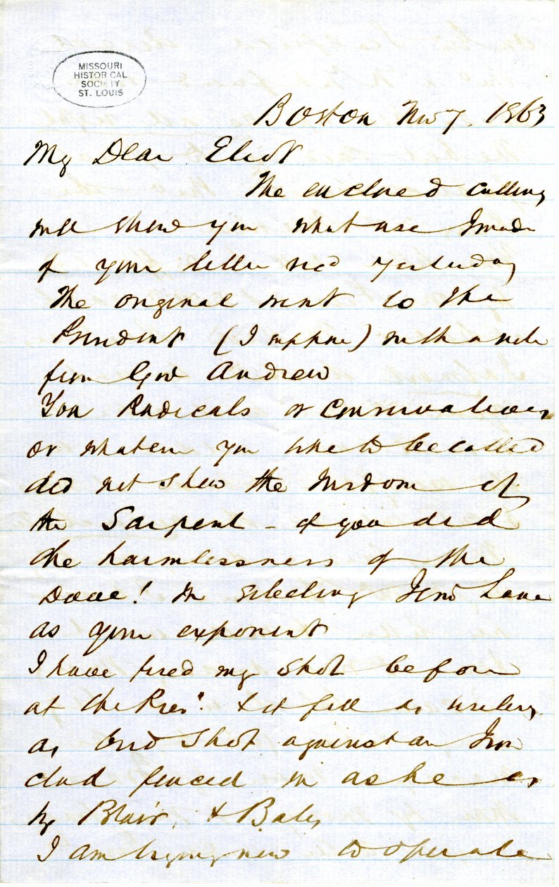 Brief unterzeichnet von J.M.F. [J.M. Forbes], Boston, an Eliot [William G. Eliot], 7. November 1863 von J. M. Forbes