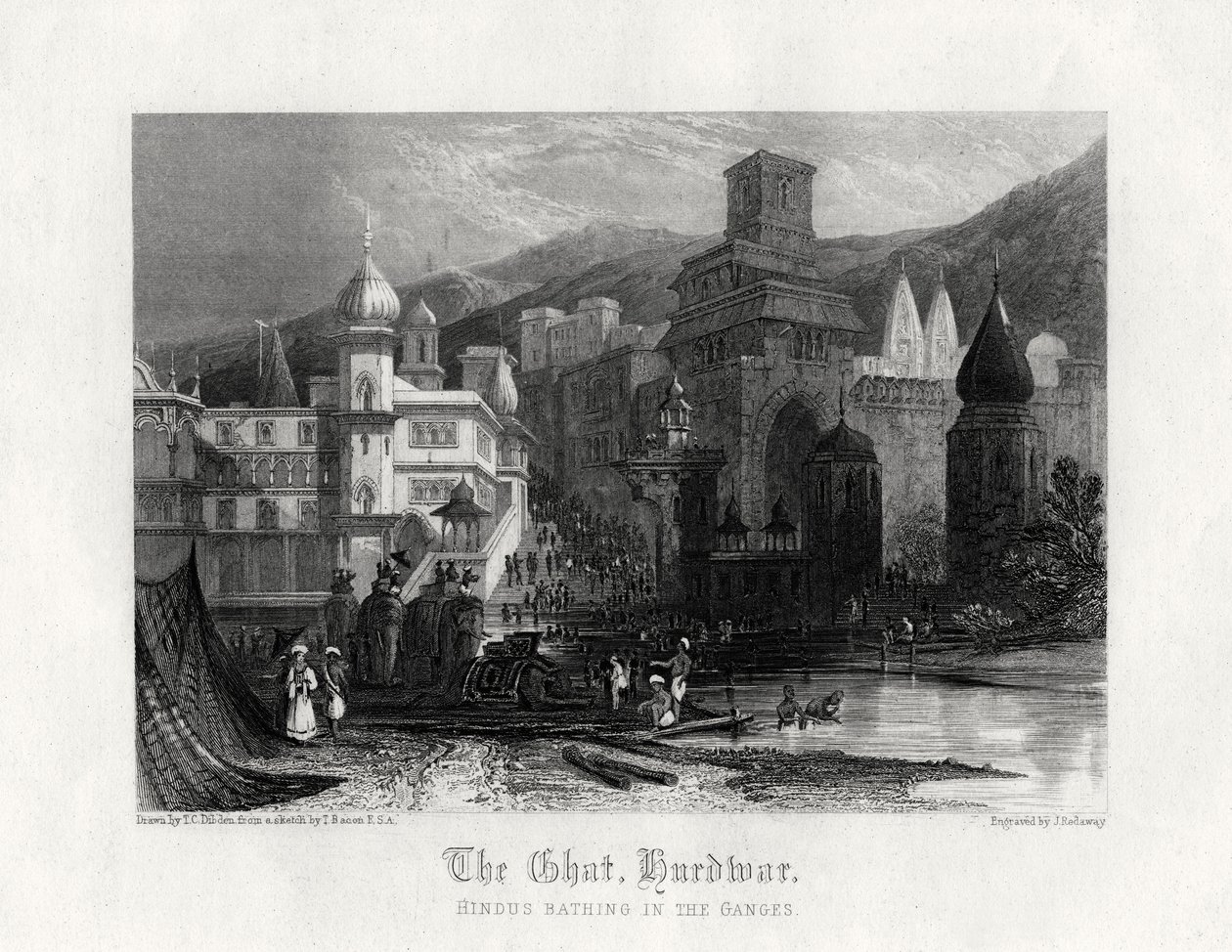 Das Ghat, Hurdwar, Hindus baden im Ganges, 19. Jahrhundert von J. Redaway