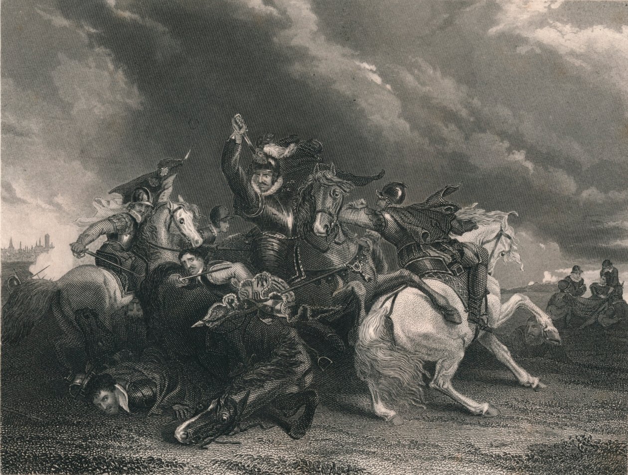 Sir William Russell in der Schlacht von Zutphen, 1586, um 1830er Jahre von J. Rogers