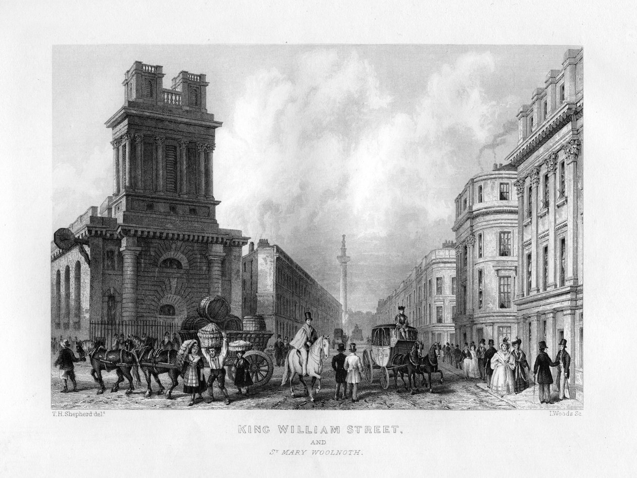 King William Street und St. Mary Woolnoth, London, 19. Jahrhundert von J. Woods