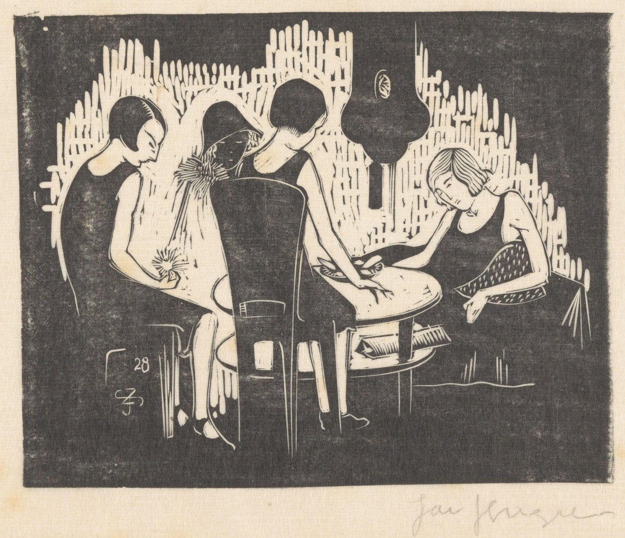Vier Frauen sitzen an einem Tisch von Jac Jongert (signed by artist)