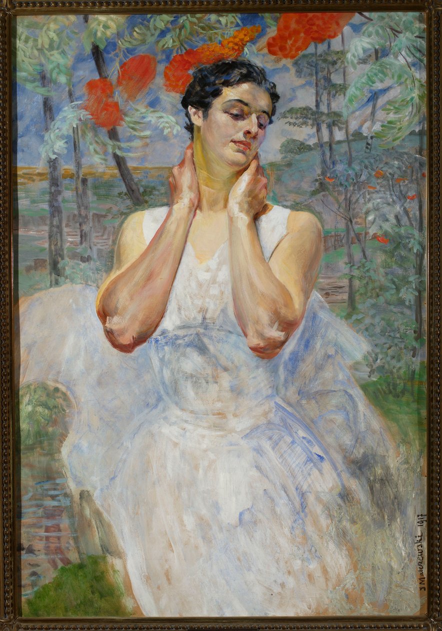 Porträt einer Frau vor Ebereschen von Jacek Malczewski