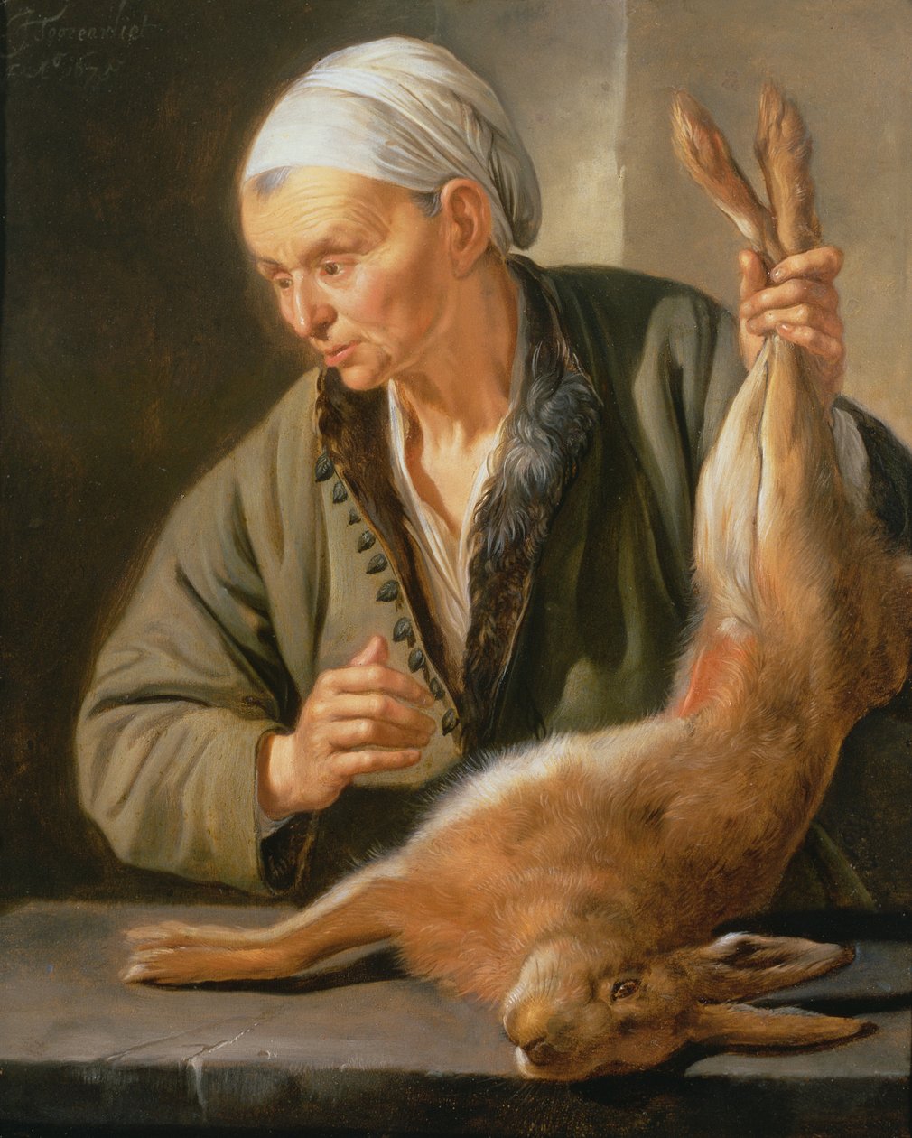 Frau mit einem toten Hasen, 1675 von Jacob Toorenvliet