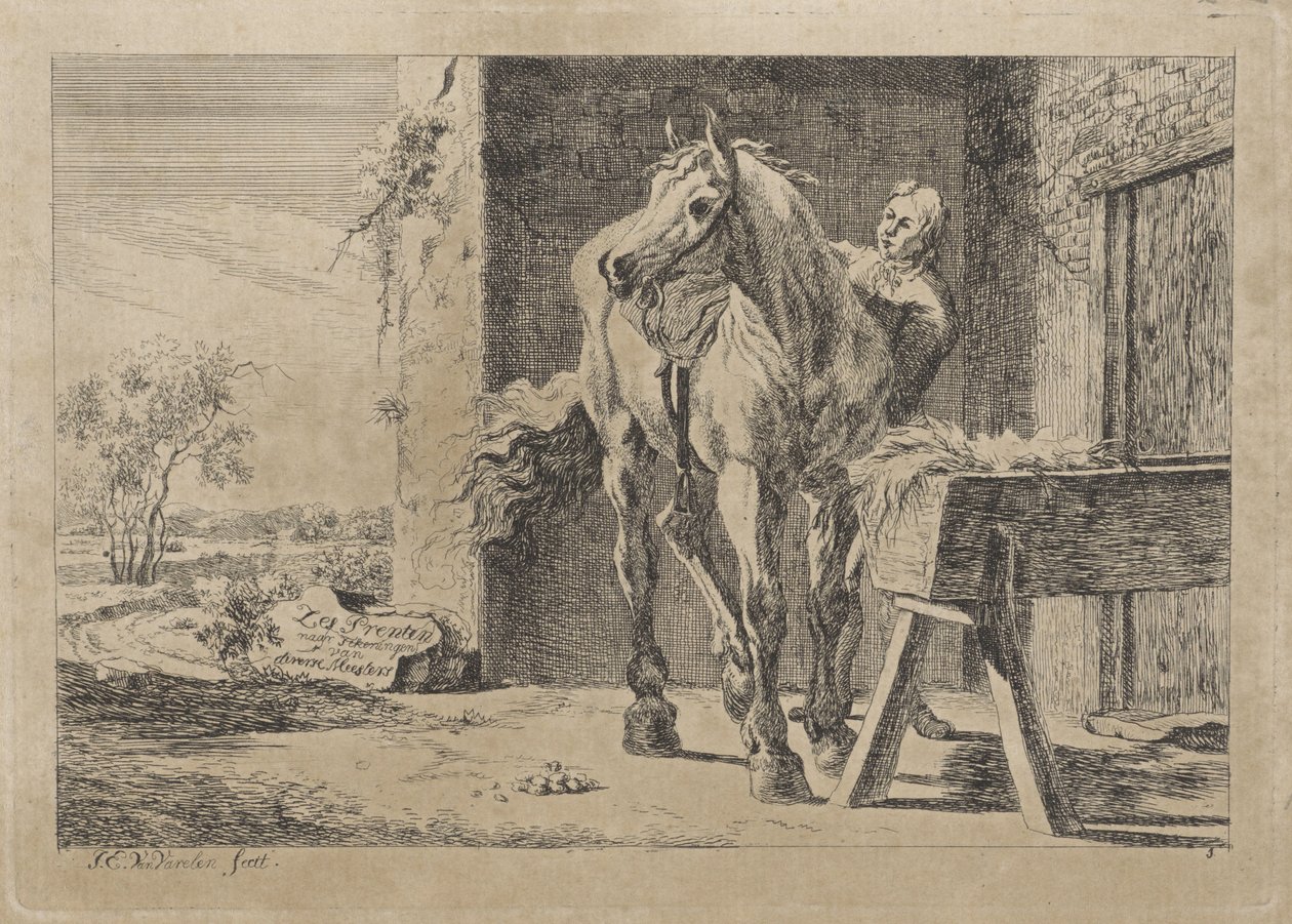 Figur mit einem Pferd bei einer Futterkrippe (Sechs Drucke nach Zeichnungen verschiedener Meister) von Jacob Elias van Varelen
