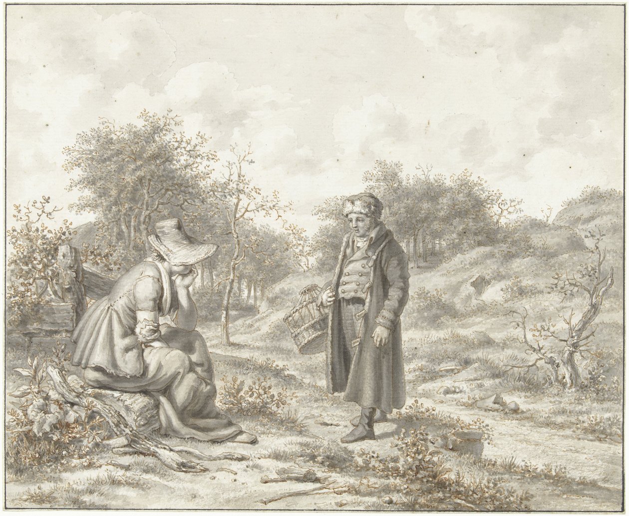 Hügelige Landschaft mit sitzender Frau und stehendem Mann mit Korb von Jacob Ernst Marcus