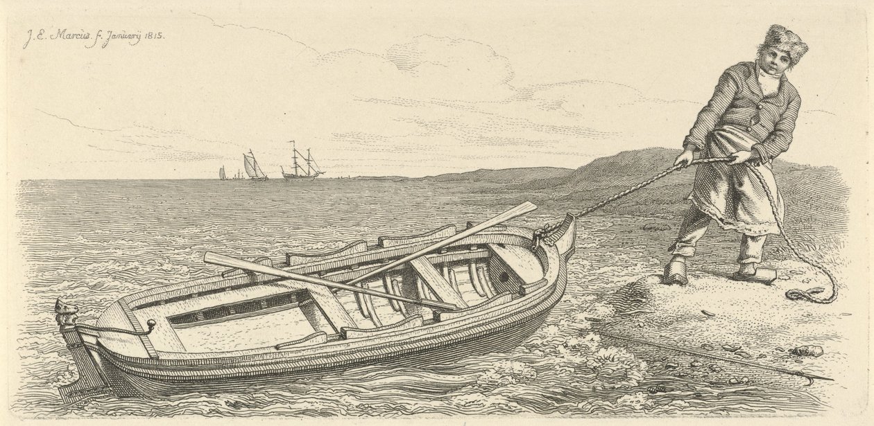 Mann zieht sein Ruderboot an Land von Jacob Ernst Marcus