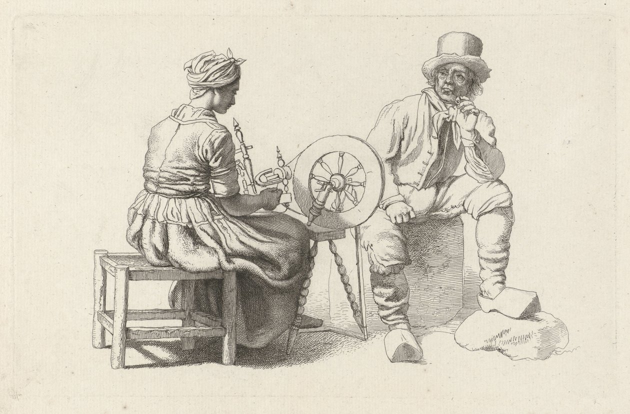 Studienblatt mit einer Frau am Spinnrad und einem sitzenden Mann von Jacob Ernst Marcus