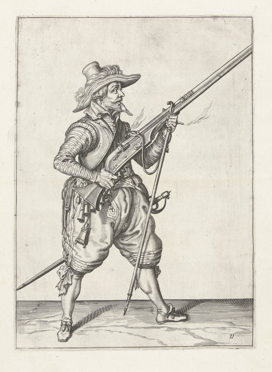 Musketier, der seine Furket darunter platziert, um 1600 von Jacob II de Gheyn