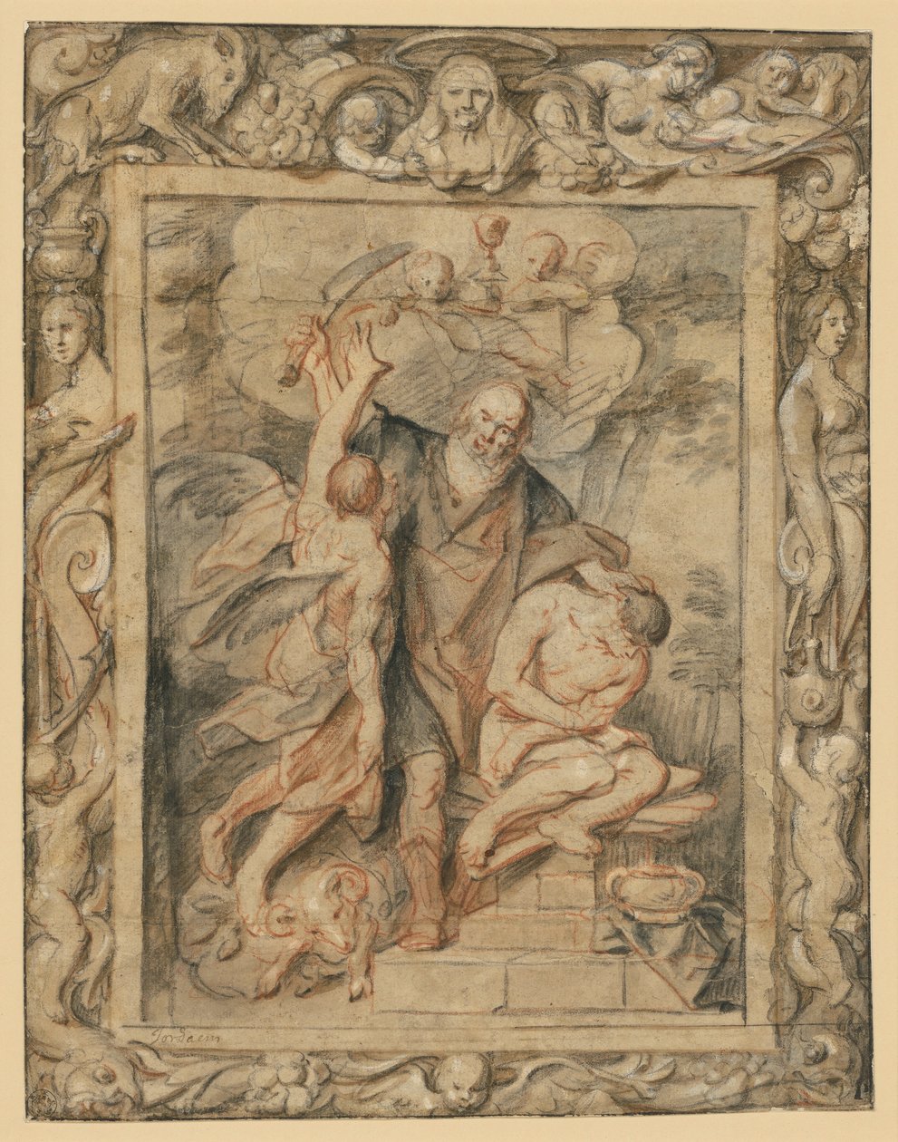 Die Opferung Isaaks (Gen. 22,1-12) in einer figürlichen Bordüre von Jacob Jordaens