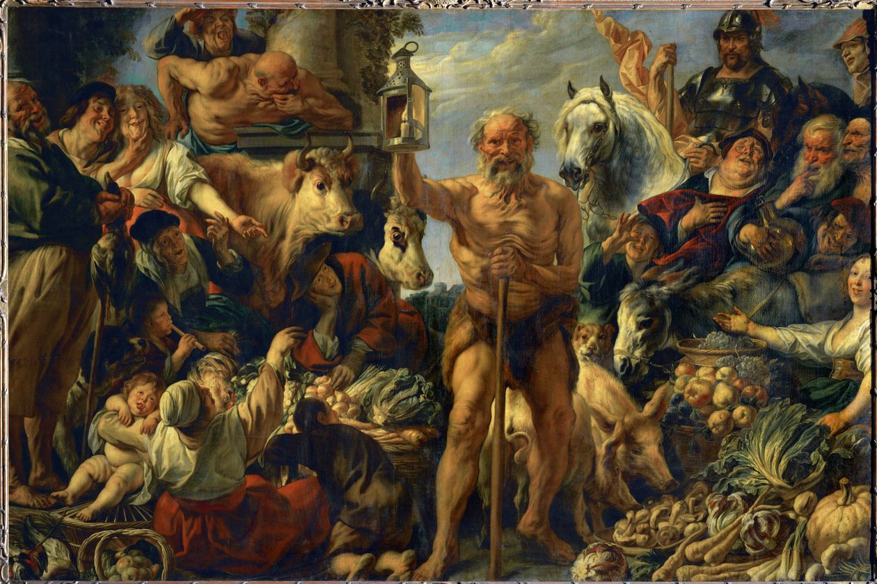 Diogenes mit seiner Laterne, auf der Suche nach Menschen auf einem lebhaften Marktplatz von Jacob Jordaens