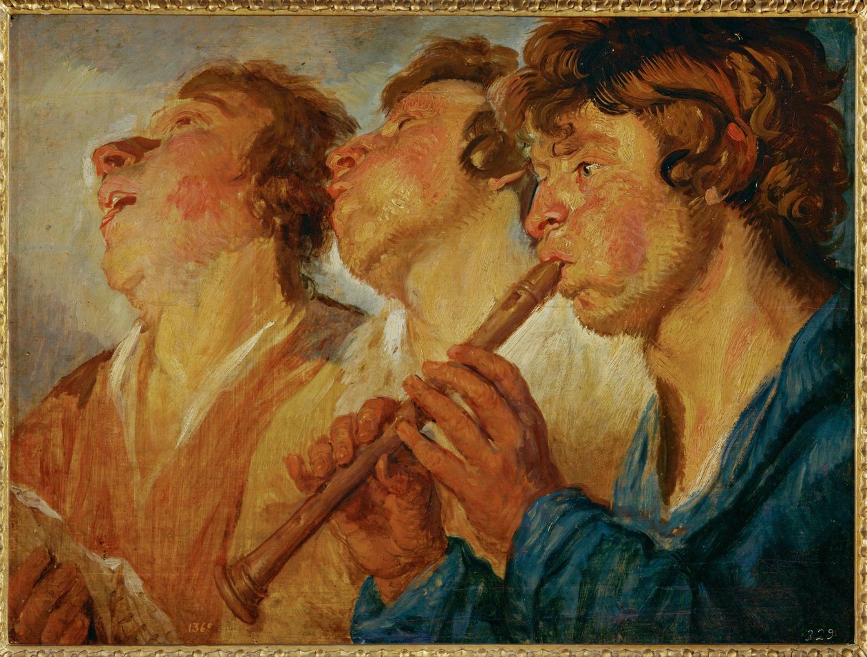 Drei wandernde Musiker, zwei singend, ein dritter spielend von Jacob Jordaens