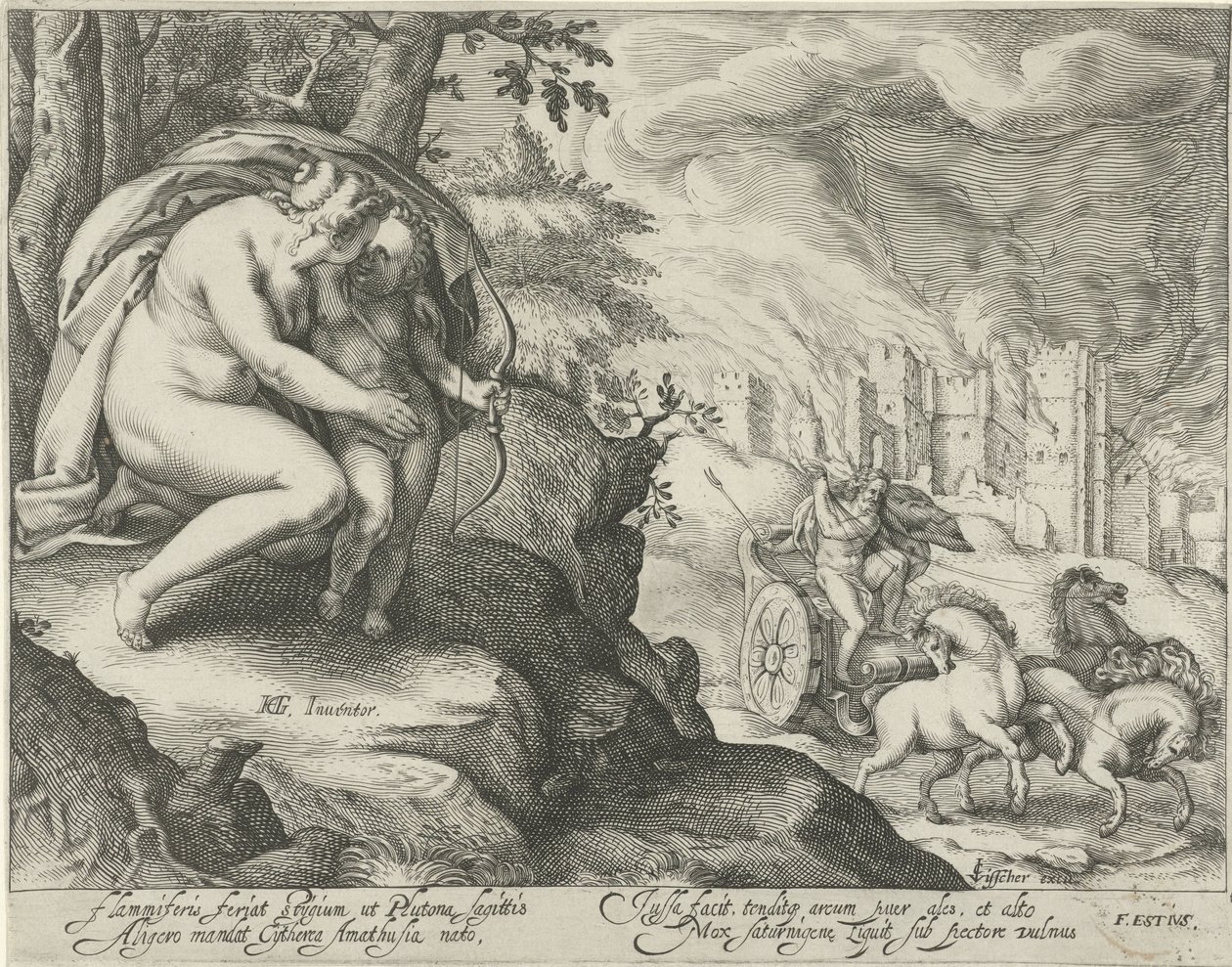 Venus ermutigt Cupido, einen Pfeil auf Pluto zu schießen von Jacob Matham (attributed to)