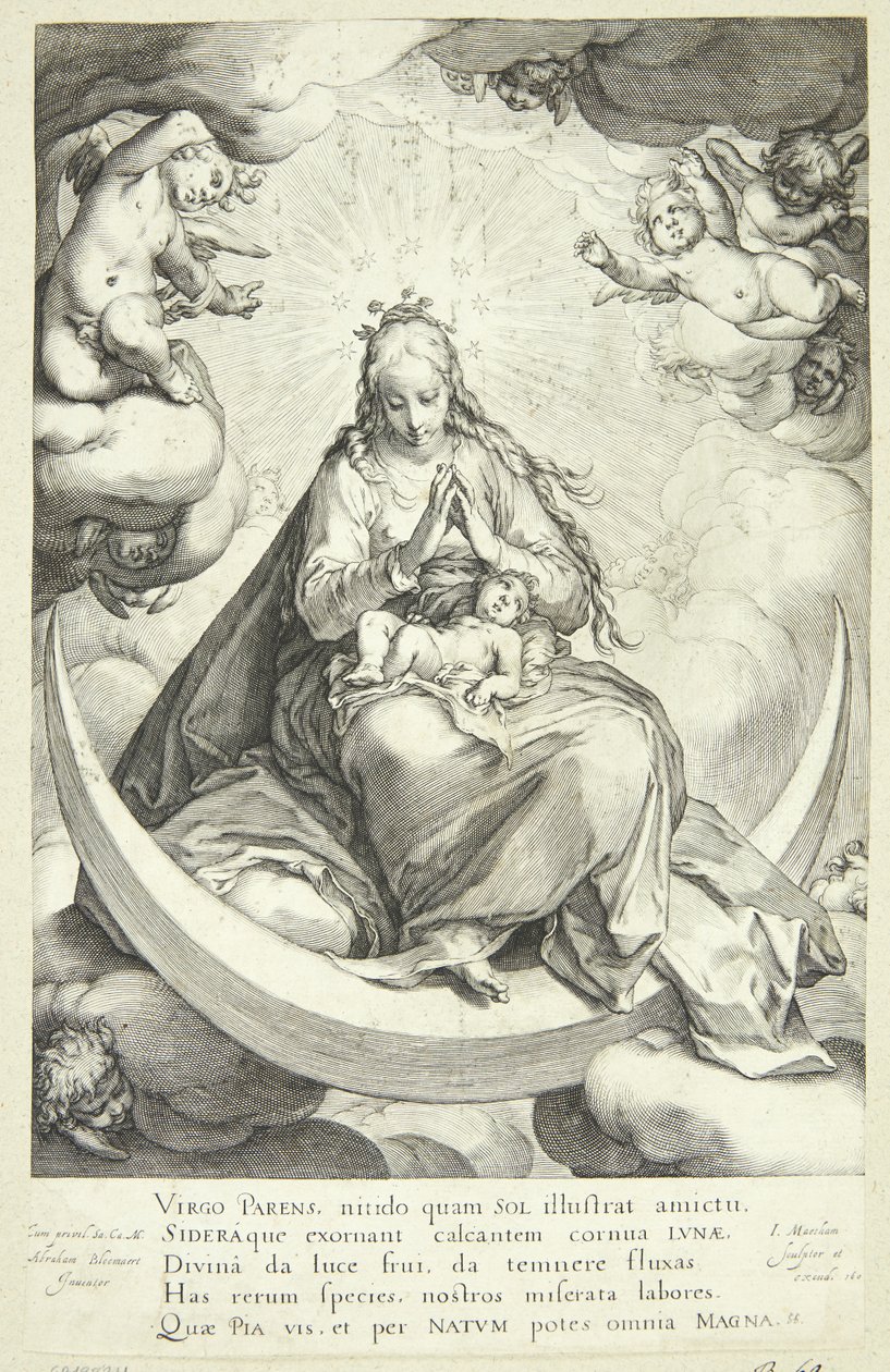 Jungfrau Maria mit dem Jesuskind auf der Mondsichel, umgeben von Engeln von Jacob Matham