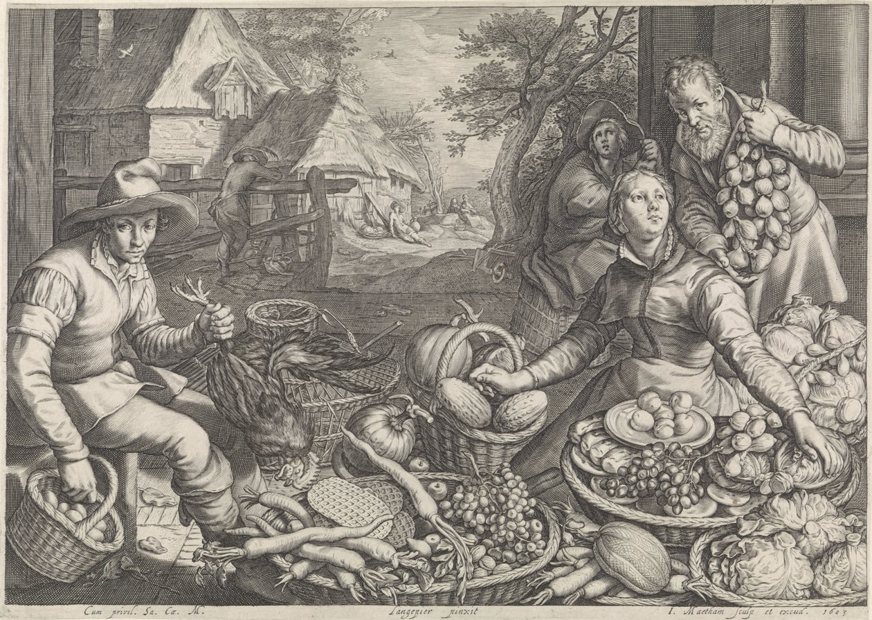 Marktszene und die Rast auf der Flucht nach Ägypten von Jacob Matham