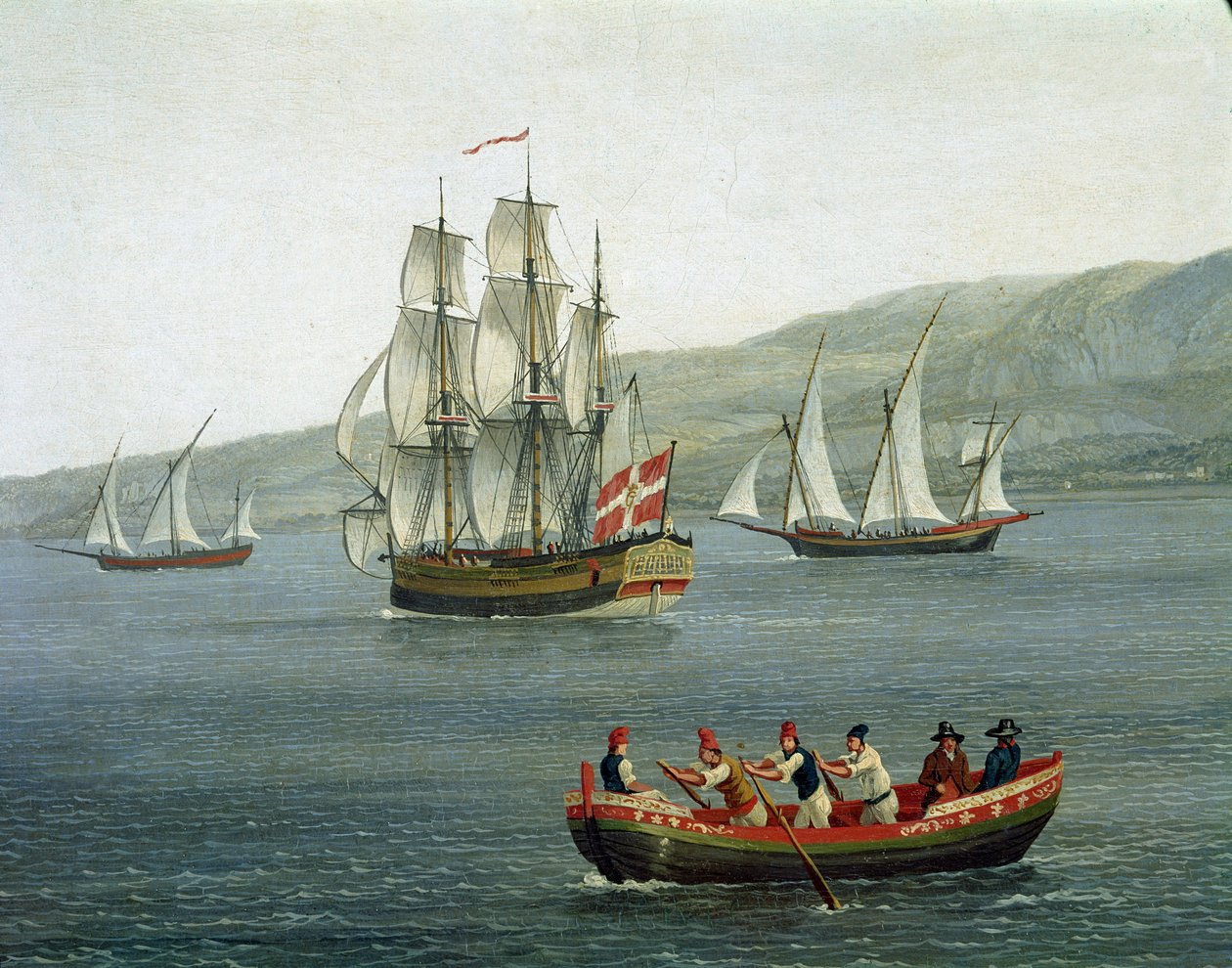 Ansicht von Schiffen in der Straße von Messina, Reggio Calabria, Italien (Detail) von Jacob Philippe Hackert