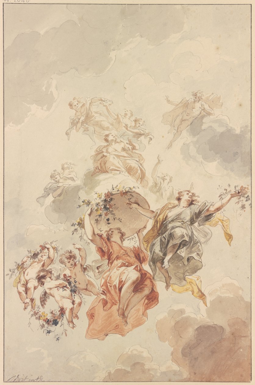 Genien und Amoretten gruppiert um einen Blumenkorb, der zum Himmel aufsteigt von Jacob de Wit