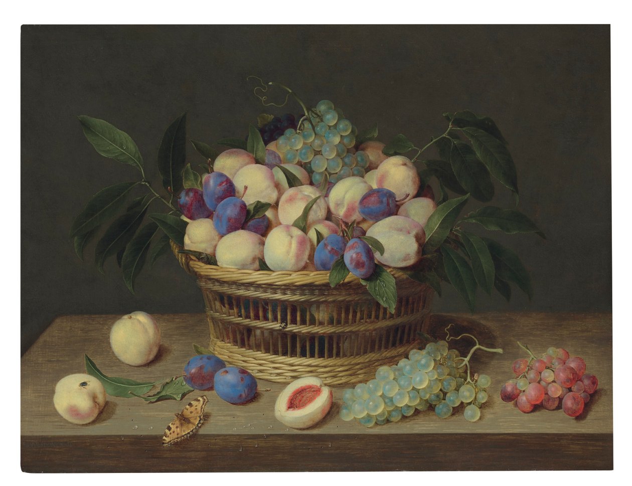 Pfirsiche, Pflaumen und Trauben in einem Weidenkorb, mit Obst und einem Schmetterling auf einem Holztisch von Jacob van Hulsdonck