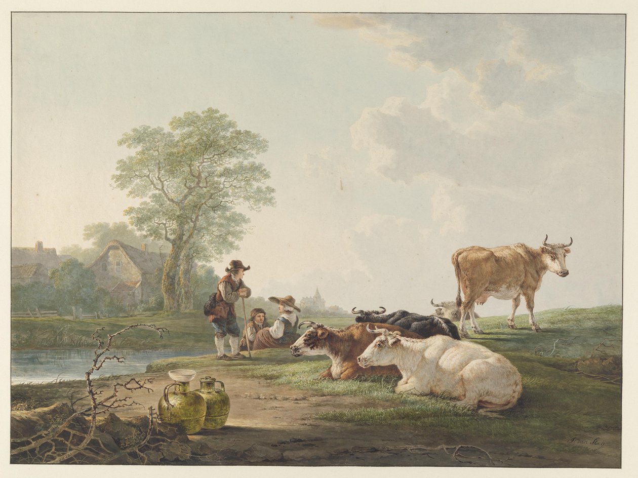 Bauern bei ruhendem Vieh in einer holländischen Landschaft von Jacob van Strij