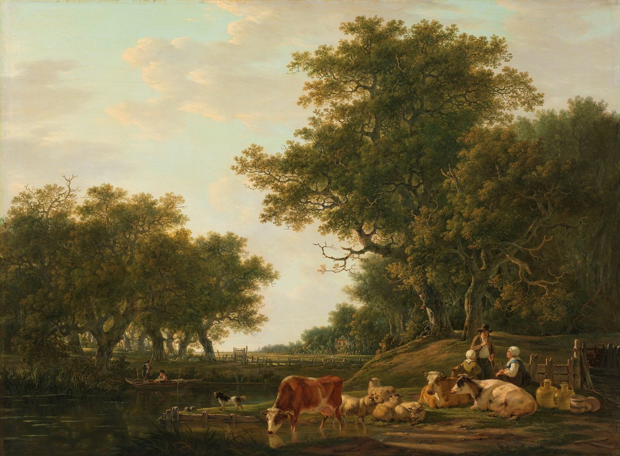 Landschaft mit Bauern, ihrem Vieh und Anglern am Wasser von Jacob van Strij