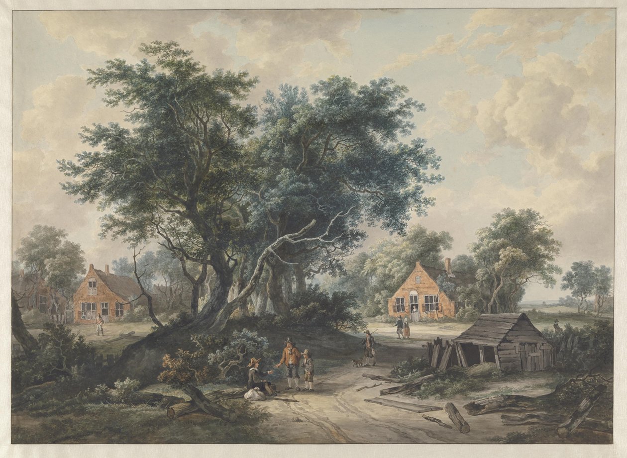 Nach Hobbema. Bauernhäuser bei hohen Bäumen von Jacob van Strij
