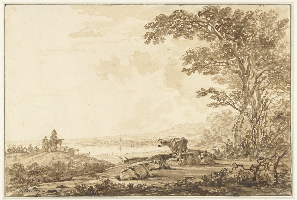 Flusslandschaft mit ruhendem Vieh von Jacob van Strij