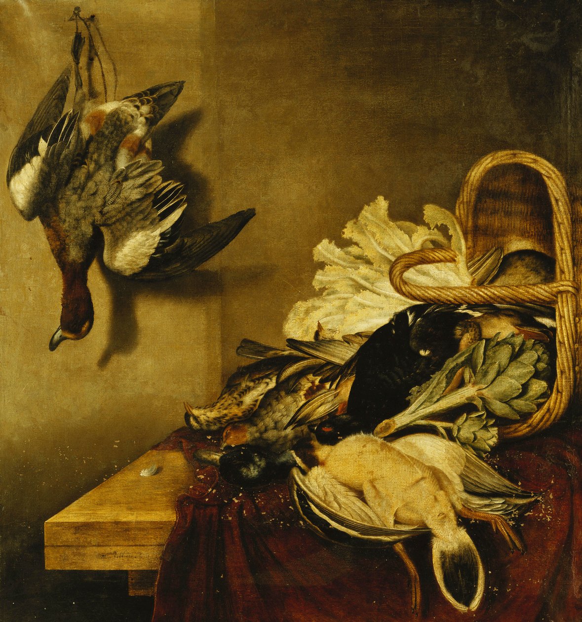 Ein umgestürzter Korb mit Geflügel, ein Hase, eine Artischocke und Salat auf einem mit rotem Tuch bedeckten Sims von Jacobus Biltius