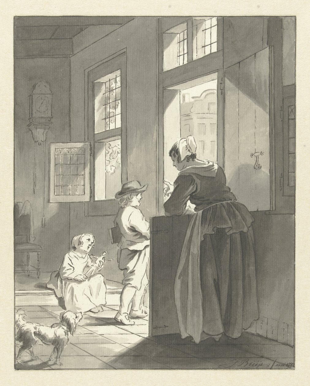 Eine Mutter ermahnt ihr zur Schule gehendes Kind von Jacobus Buys