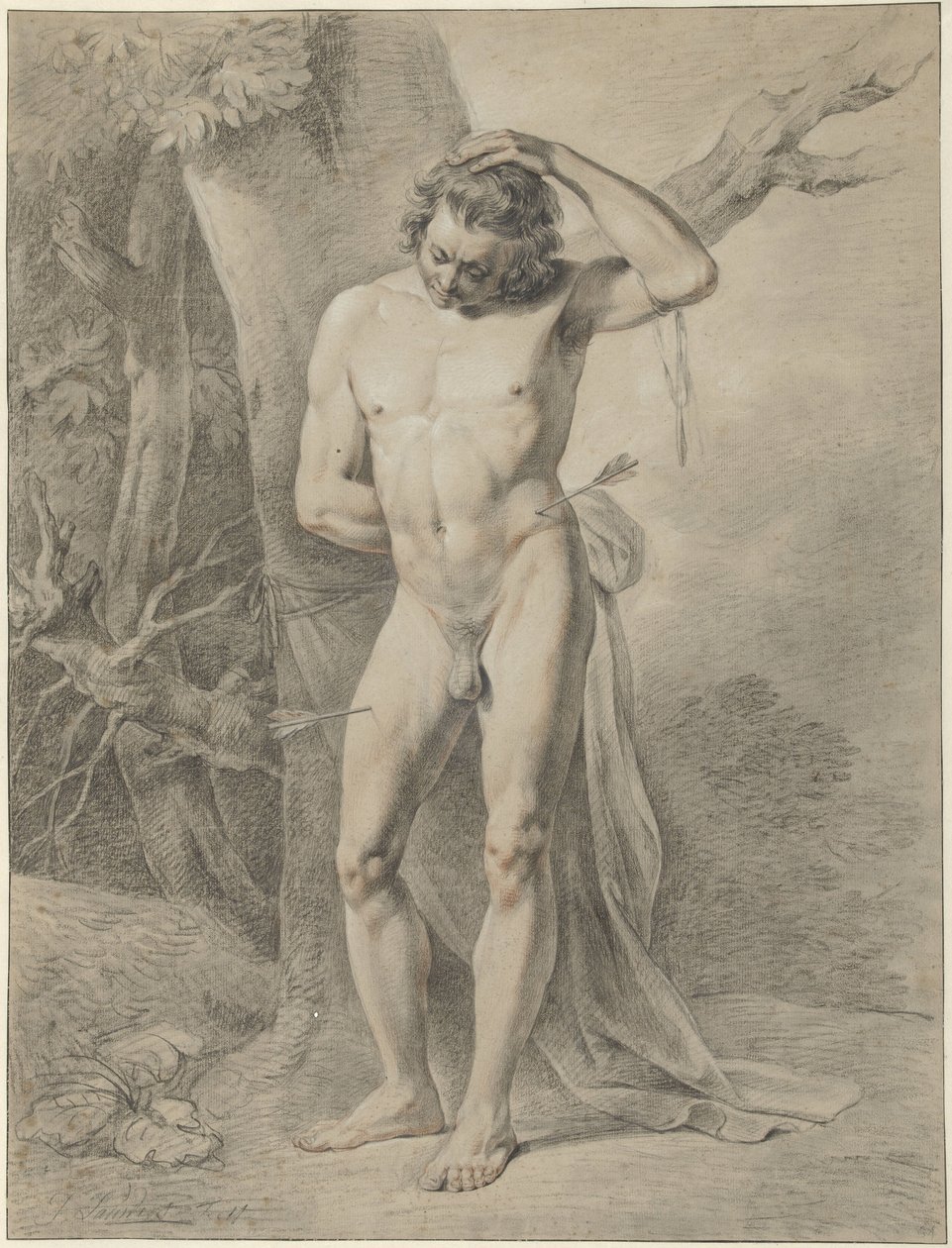 Stehender männlicher Akt vor einem Baum von Jacobus Johannes Lauwers