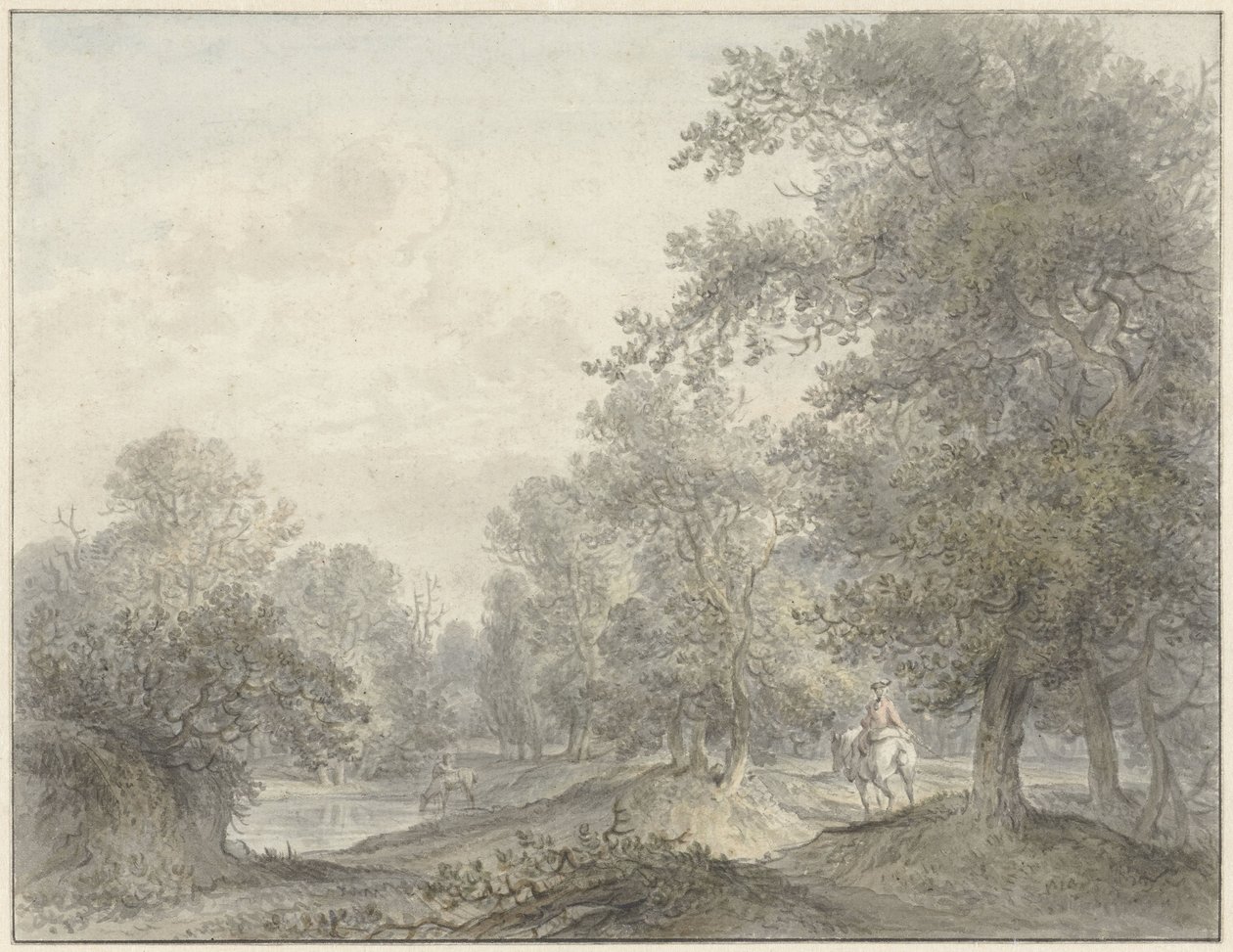 Waldlandschaft mit Reiter und Teich von Jacobus Versteegen