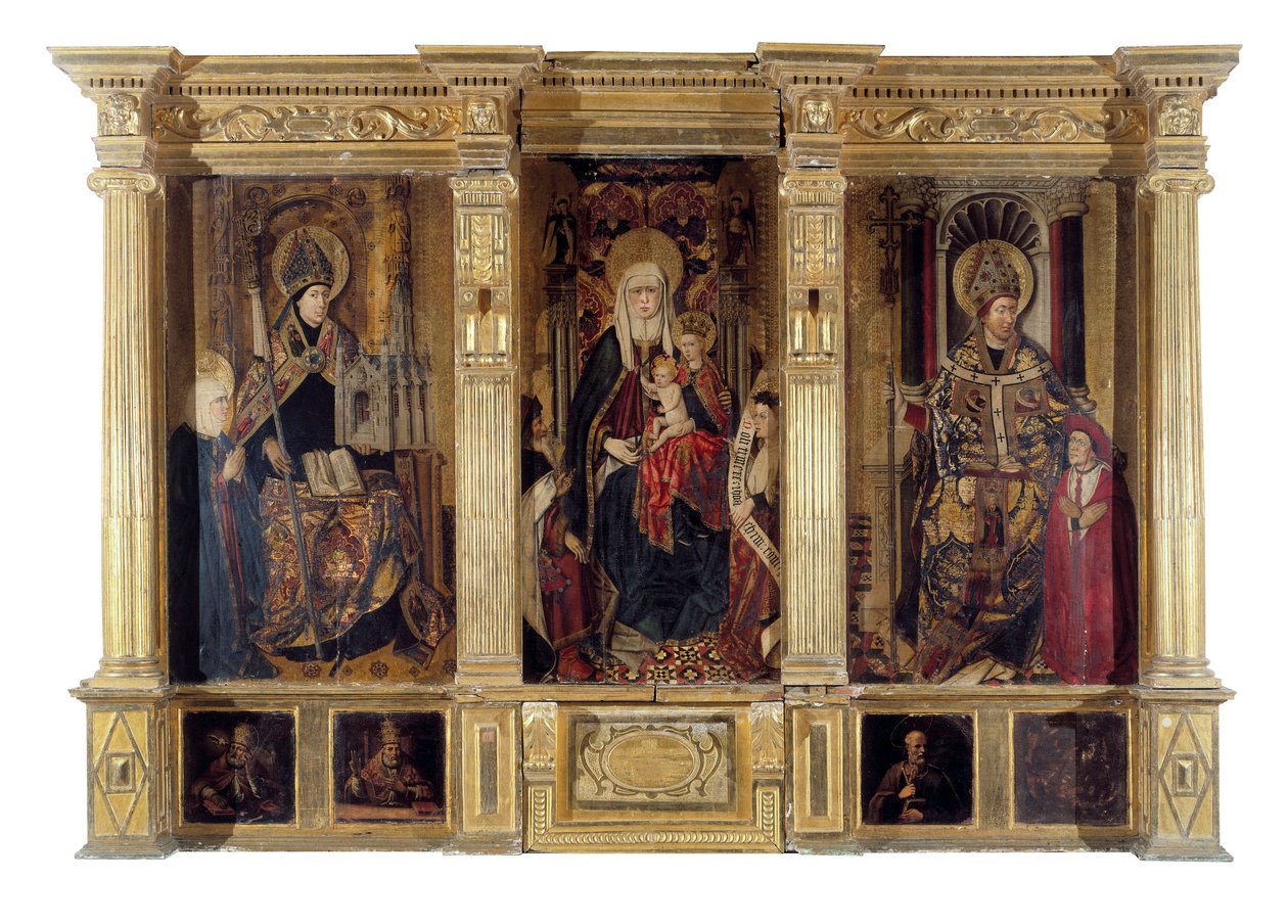 Der Altaraufsatz des Heiligen Ildefonso (gestorben 667, Bischof von Toledo) und des Heiligen Augustinus von Hippo (ca. 354-430, Berberphilosoph und Schriftsteller). Gemälde von Jaume Baco genannt Jacomart (1410-1461). Öl auf Holz, um 1450, Renaissancekunst von Jacomart (c.1413 61) Baco
