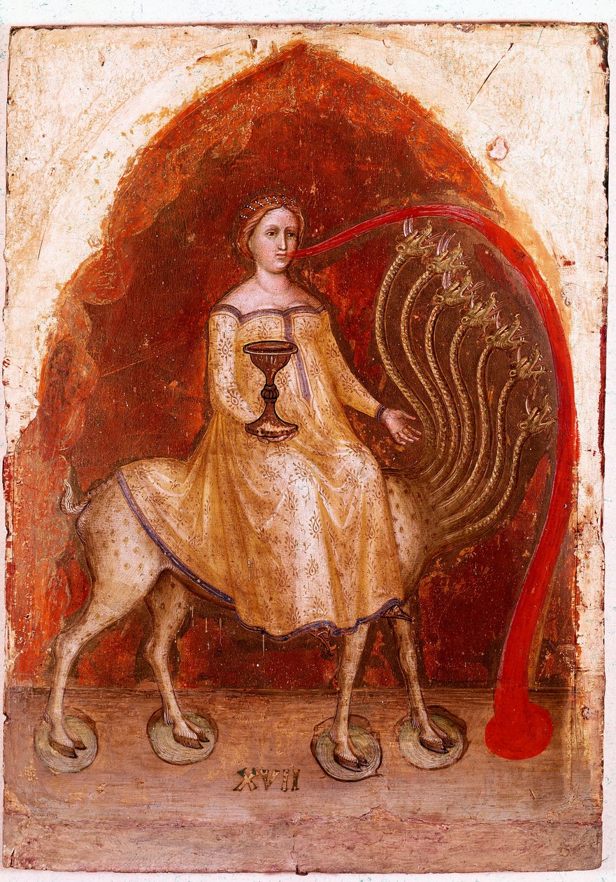Linkes Panel des Polyptychons der Offenbarung: Das Tier mit sieben Köpfen und die Frau, die darauf sitzt, reiche Prostituierte von Jacopo Alberegno