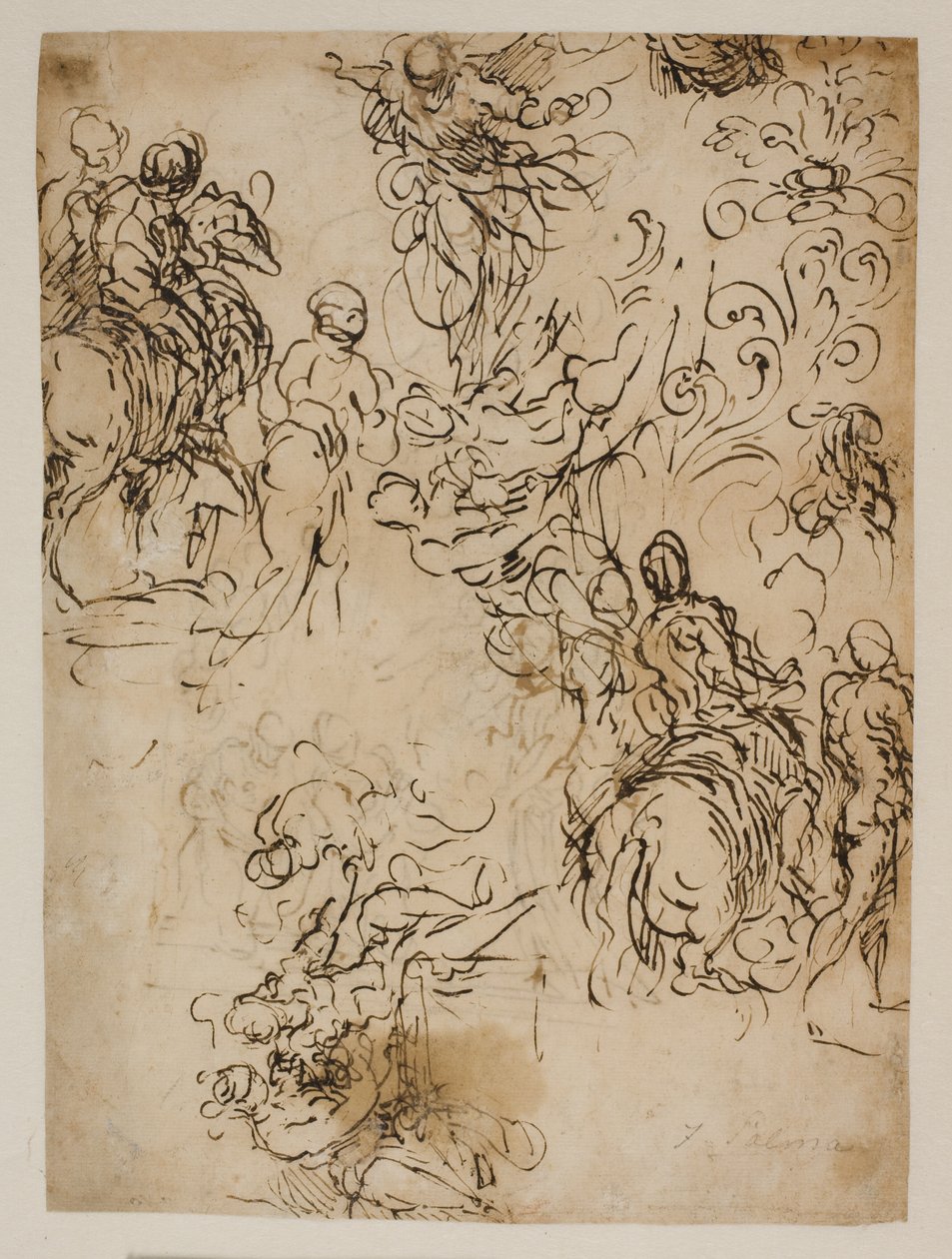 Skizzen für Christus in der Luft schwebend, Reiter, ein sitzendes Paar und ein Blumenornament von Jacopo Palma