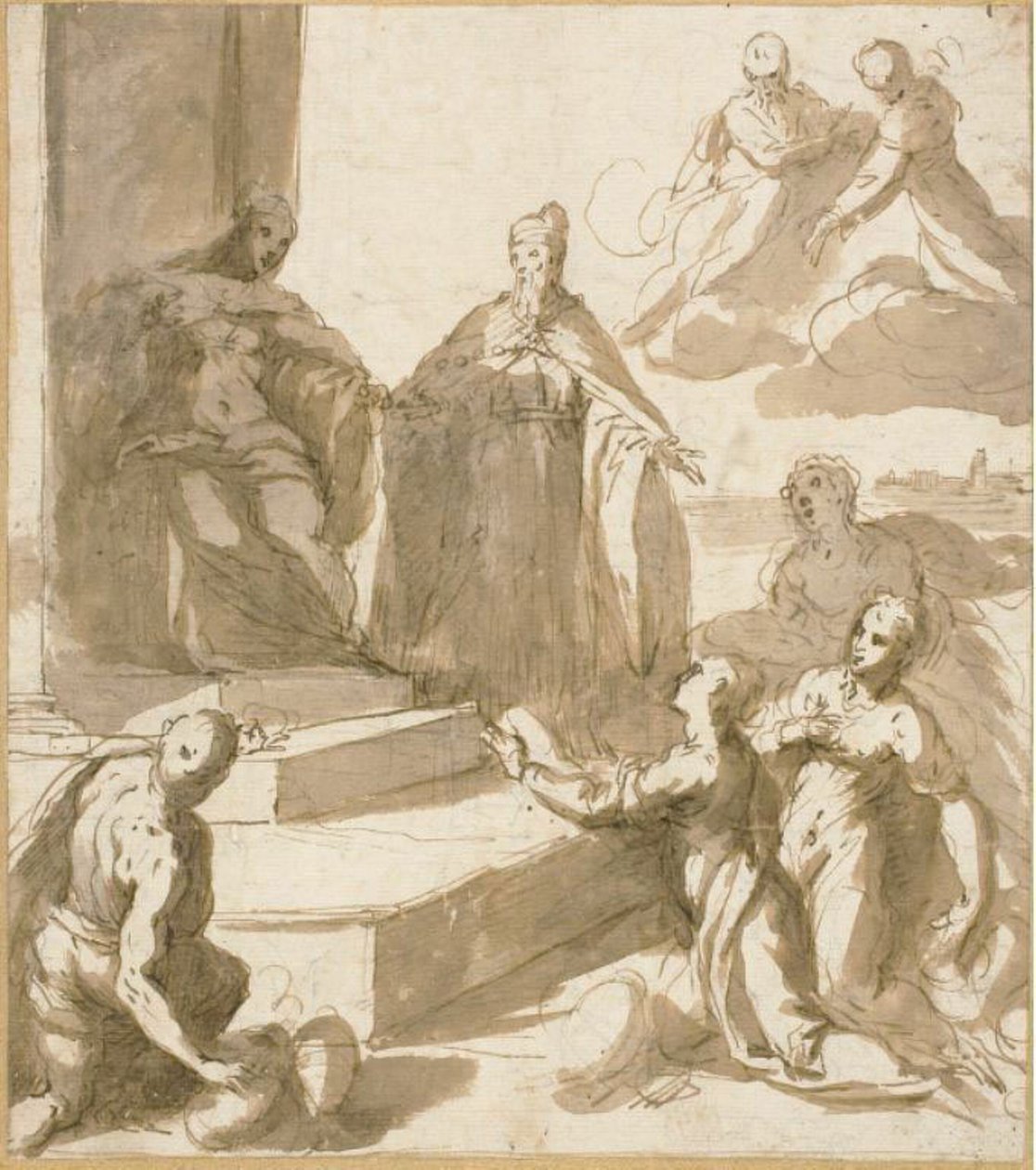 Studie für Venedig, das Huldigung und Geschenke von Brescia, Udine, Padua und Verona erhält, mit Doge Francesco Venier, der sie präsentiert von Jacopo Palma il Giovane