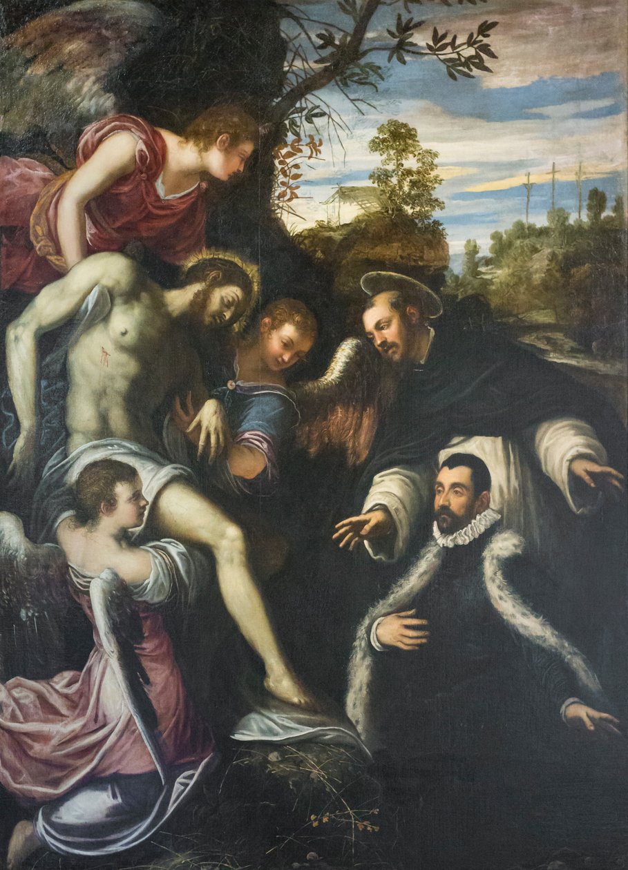 Toter Christus, unterstützt von drei Engeln, St. Dominikus und Spender von Jacopo Robusti Tintoretto