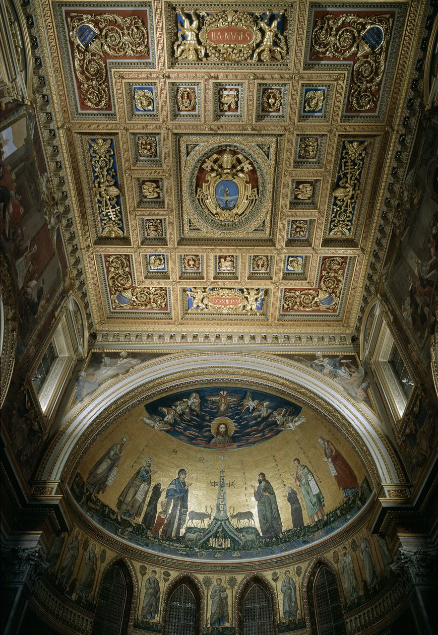 Innenansicht der Apsis der Basilika St. Johannes im Lateran (San Giovanni in Laterano). Mosaik von Jacopo Torriti (aktiv um 1291-14. Jahrhundert) und Jacopo da Camerino (aktiv um 1288-1331), das Jerusalem Celeste darstellt. Rom von Jacopo Torriti