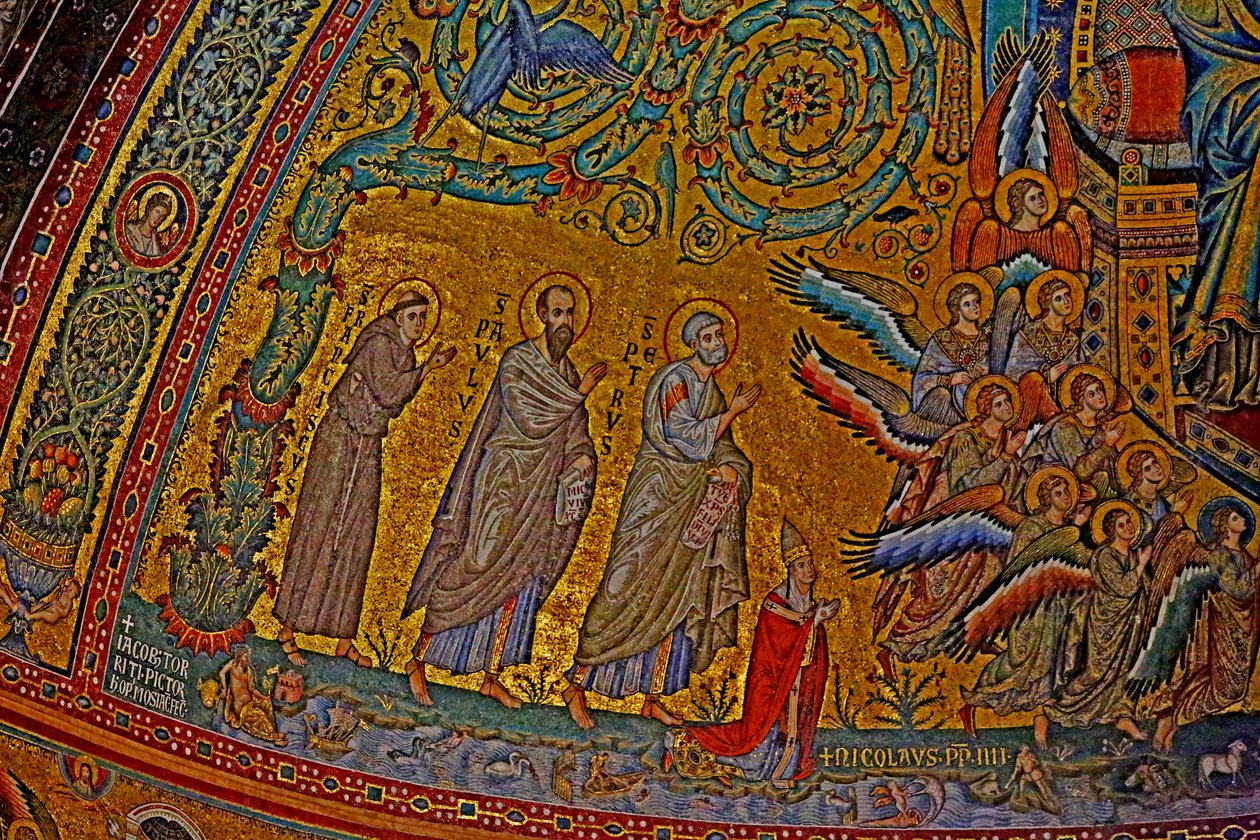 St. Franziskus, St. Paulus, St. Peter, Papst Nikolaus IV. und Engel bei der Krönung der Jungfrau, Apsis, ca. 1290, Mosaik von Jacopo Torriti