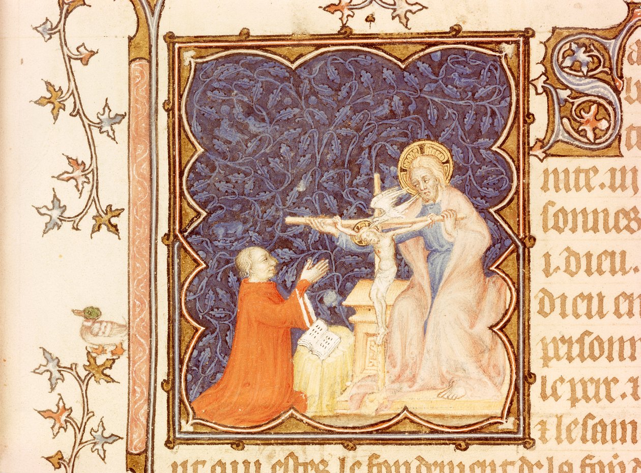 Jean de France (1340-1416), Herzog von Berry, betet vor dem gekreuzigten Jesus, aus Les Petites Heures de Duc de Berry, ca. 1385-90 von Jacquemart de Hesdin