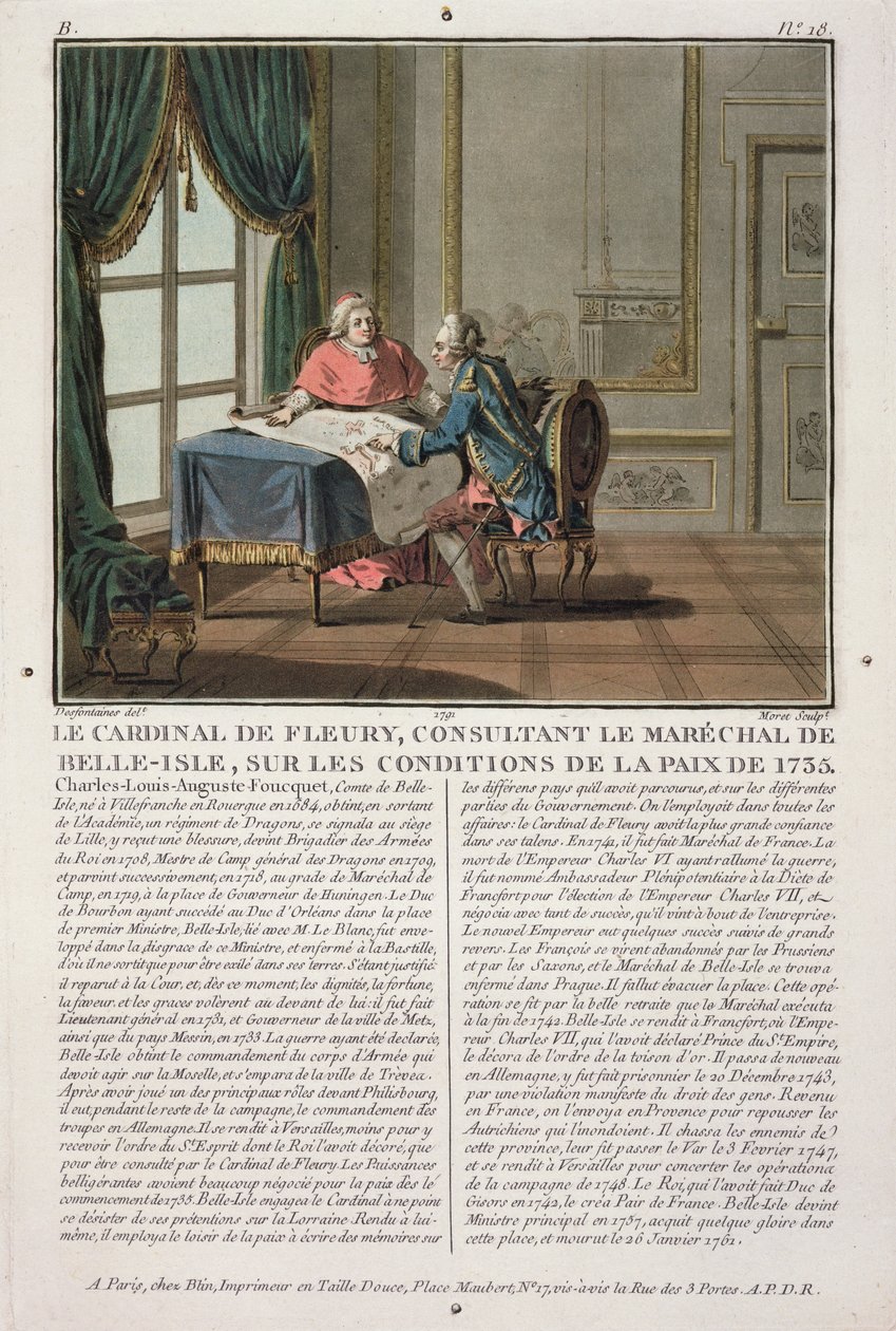 Kardinal de Fleury berät sich mit Marschall de Belle-Isle über die Bedingungen des Friedens, 1735, graviert von Jean Baptiste Morret, 1791 von Jacques Francois Joseph Swebach