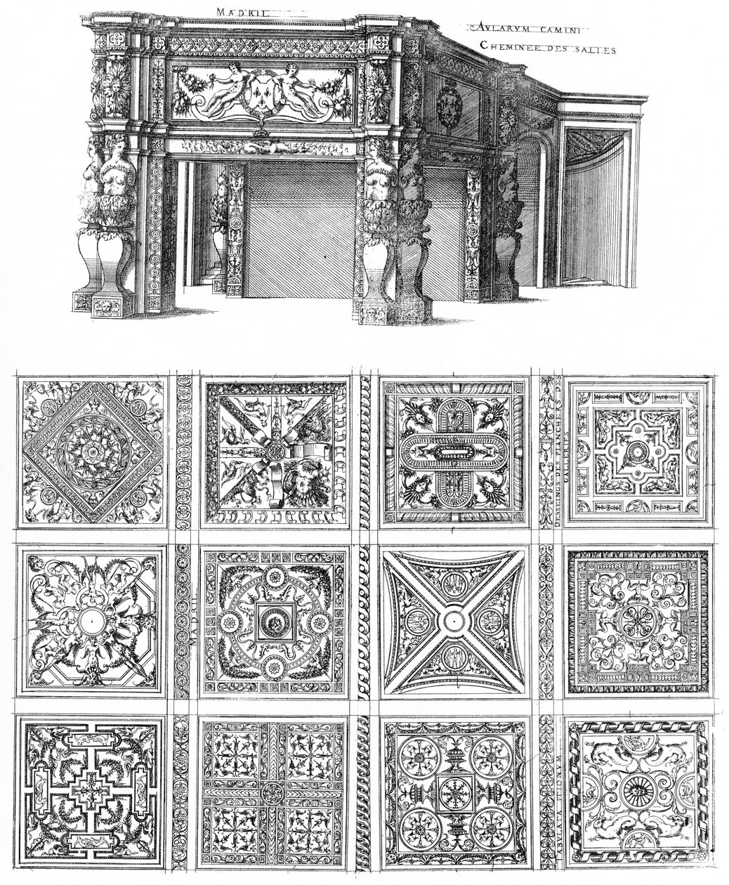 Gravur aus Le premier volume des plus excellents Bastiments de France von Jacques I Androuet du Cerceau, Kamin- und Bodendesigns für das Château de Madrid von Jacques I Androuet du Cerceau