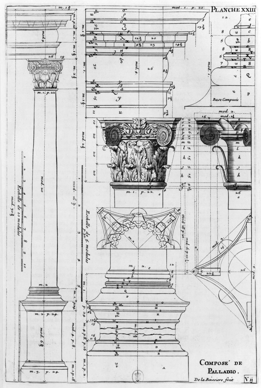 Schnitt und Aufriss einer zusammengesetzten Säule, entworfen von Andrea Palladio, Illustration aus 