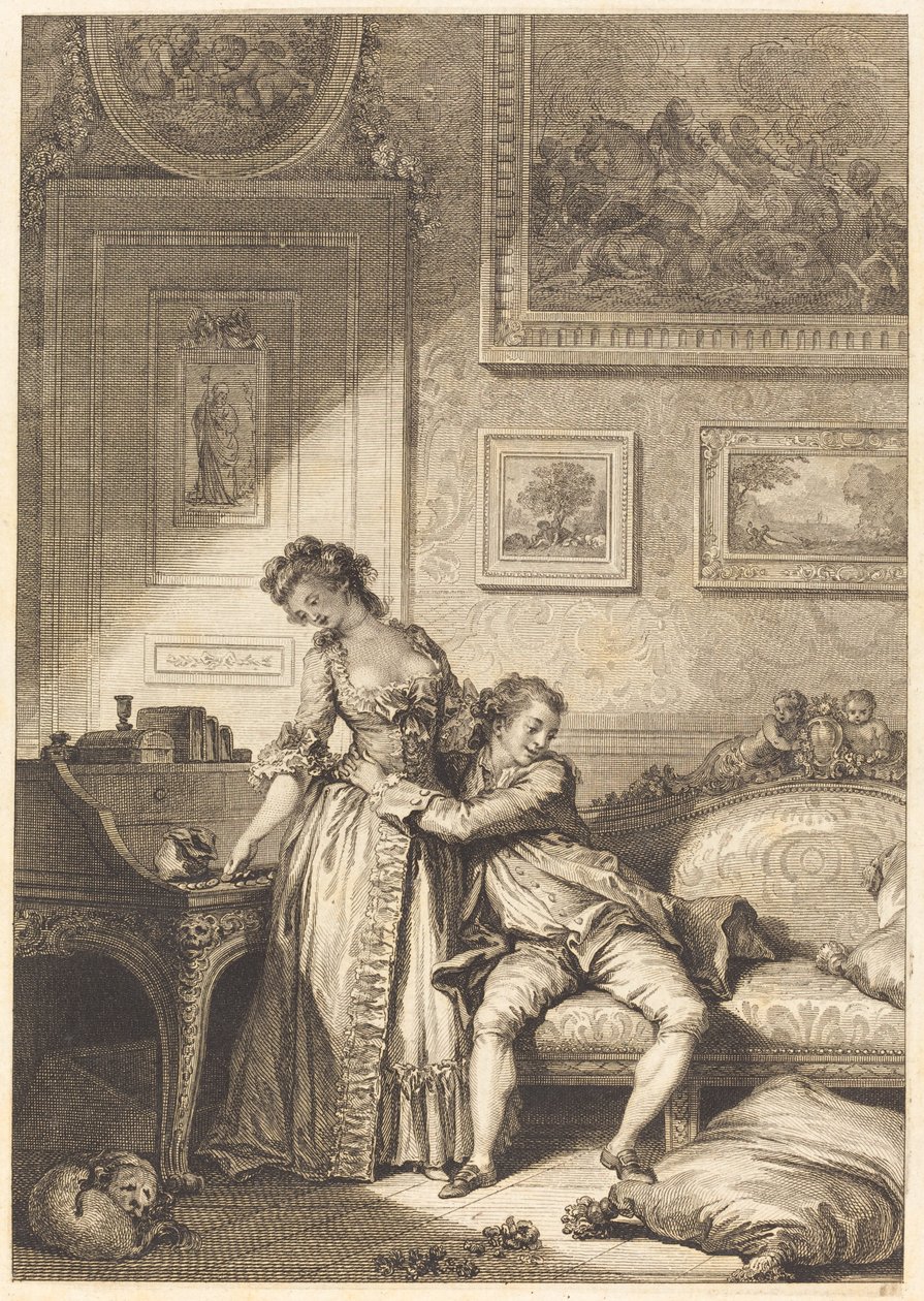 Eine geizige Frau und ein galanter Betrüger von Jacques Aliamet and Antoine Jean Duclos after Jean Honoré Fragonard