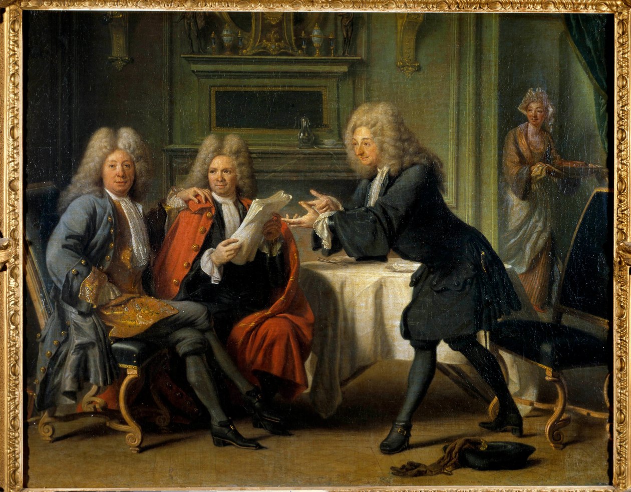 Das Haus von Auteuil, wo Bernard Le Bouyer (Le Bovier) de Fontenelle (1657-1757), französischer Schriftsteller, La Motte, Saurin und Madame de Alexandrine Claudine Guerin, Marquise de Tencin Schokolade bringen von Jacques Autreau