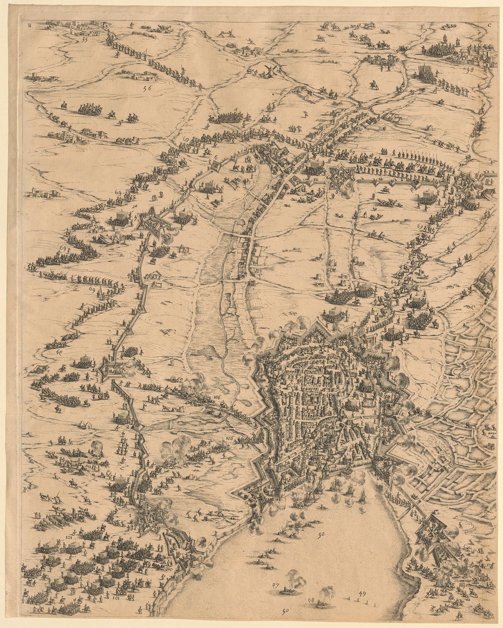 2. Tafel oben Mitte aus "Belagerung von La Rochelle" von Jacques Callot