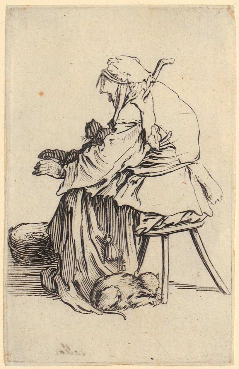 Alte Frau mit Katzen, Blatt 25 der Folge "Die Bettler" von Jacques Callot