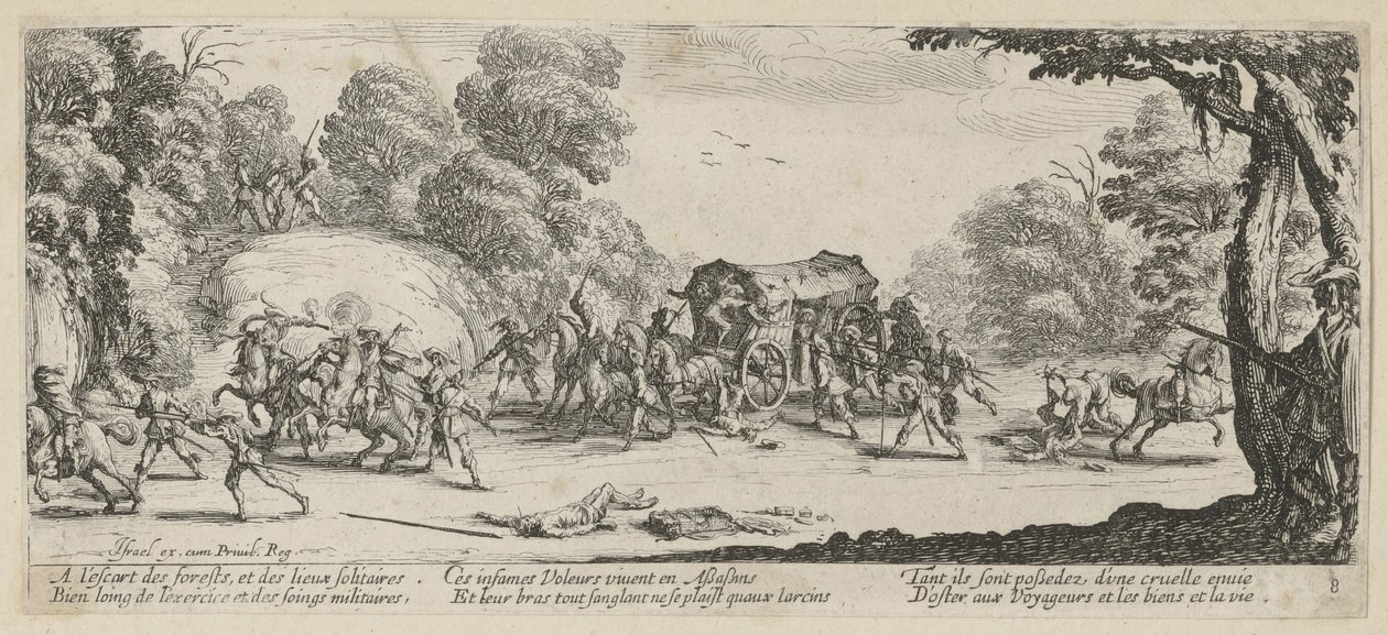 Angriff auf eine Postkutsche, Blatt 8 der Folge "Grauen des Krieges" von Jacques Callot
